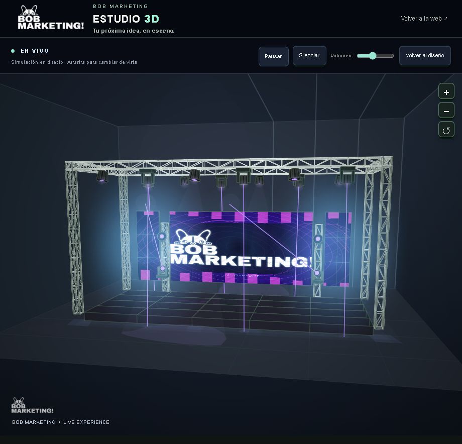 Vista real del Estudio 3D: escenario con pantallas LED, truss y luces en modo En vivo