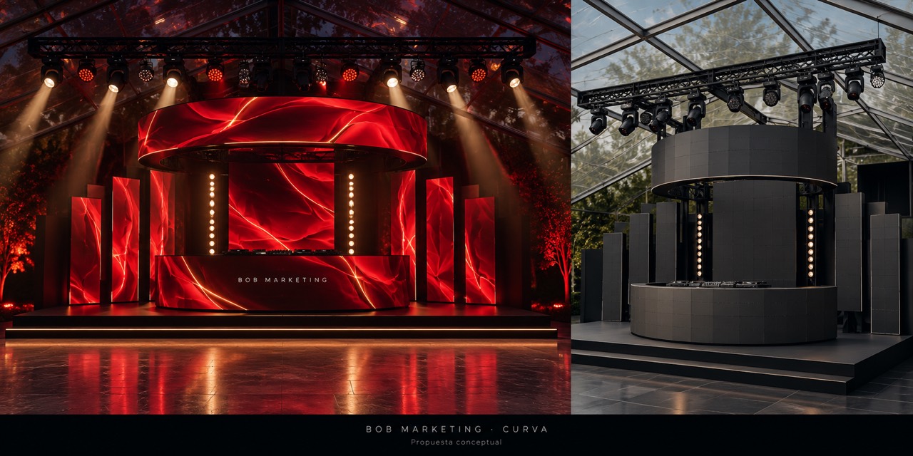 Escenario conceptual de Bob Marketing con pantallas LED curvas y luces rojas